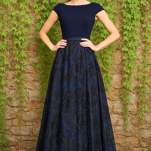 THEIA Navy Metallic Fringe Ball Gown, 8